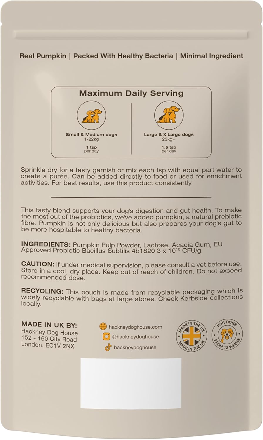 Probiotics & Pumpkin For Dogs | Real Pumpkin Purée Powder + Pre & Probiotic Blend | Dog Probiotics For Gut Health | 225 grams | 45 Daily Servings