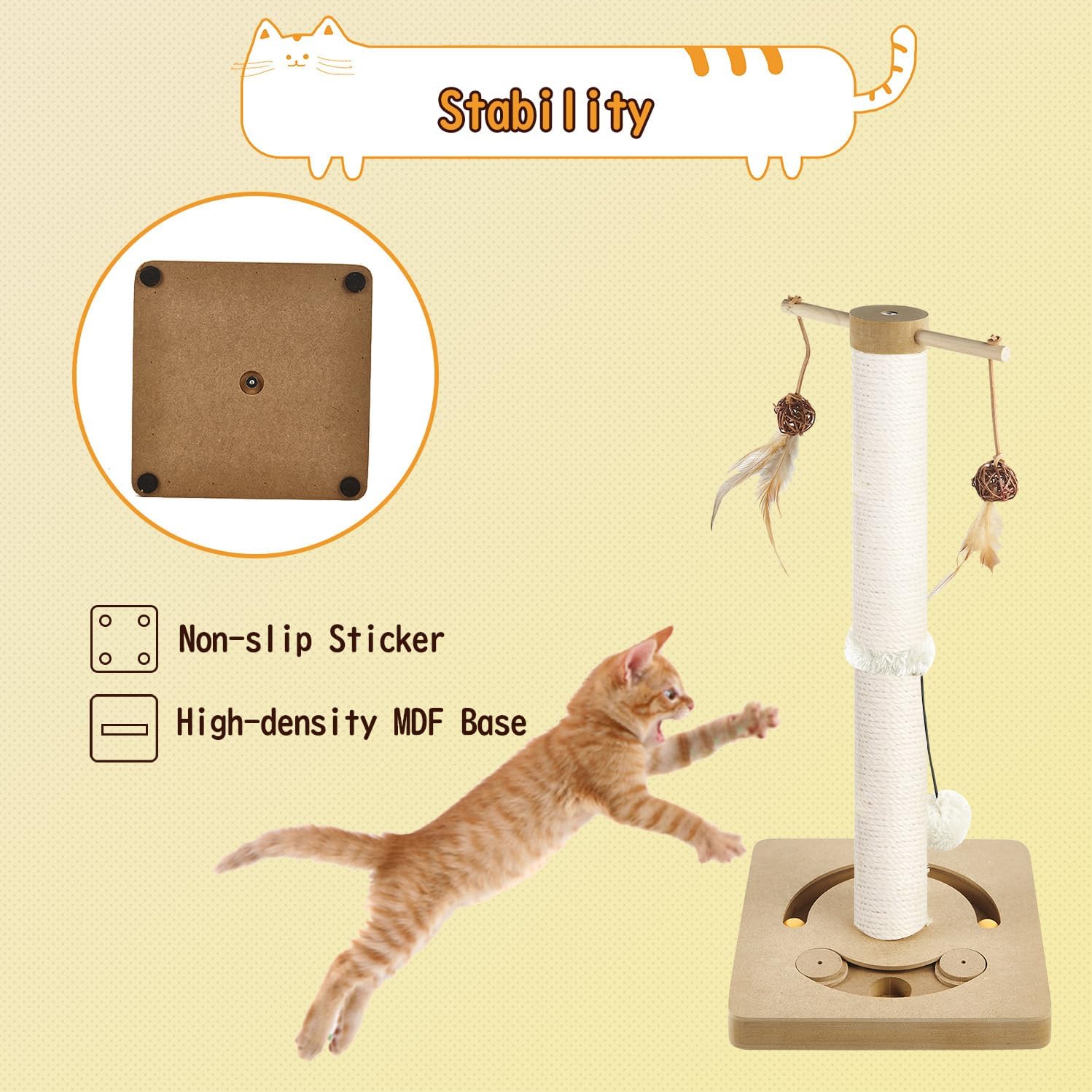 AUSCAT Cat Scratching Post with Multiple Interactive Toys, Vertical Sisal Cat Scratcher for Indoor Cats and Kittens- 63 cm 25 inches Beige