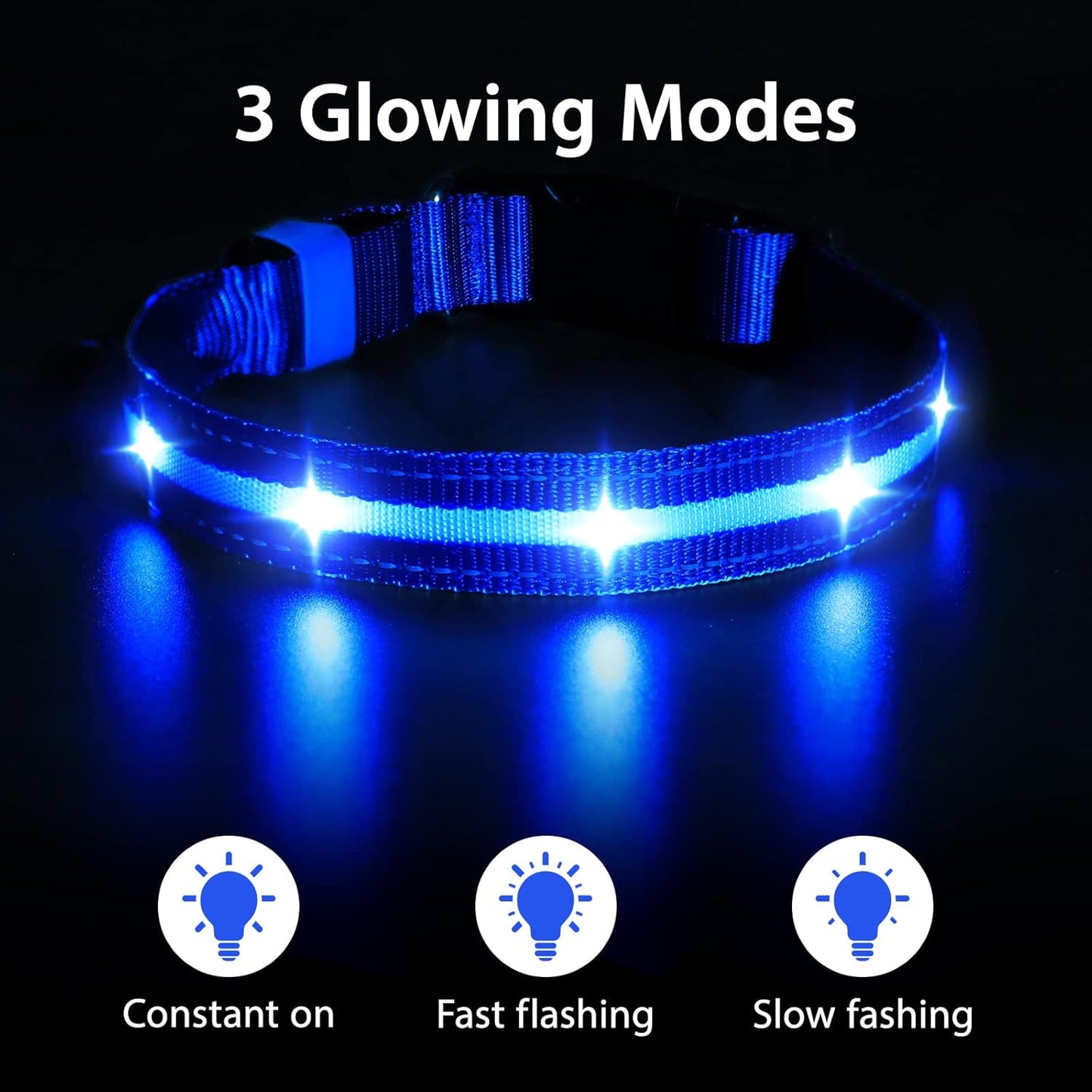 MASBRILL Luminous Dog Collar, LED Rechargeable and Waterproof Dog Collar, 3 Glowing Modes and Adjustable Size Suitable for Small Large Dogs (Blue, M)
