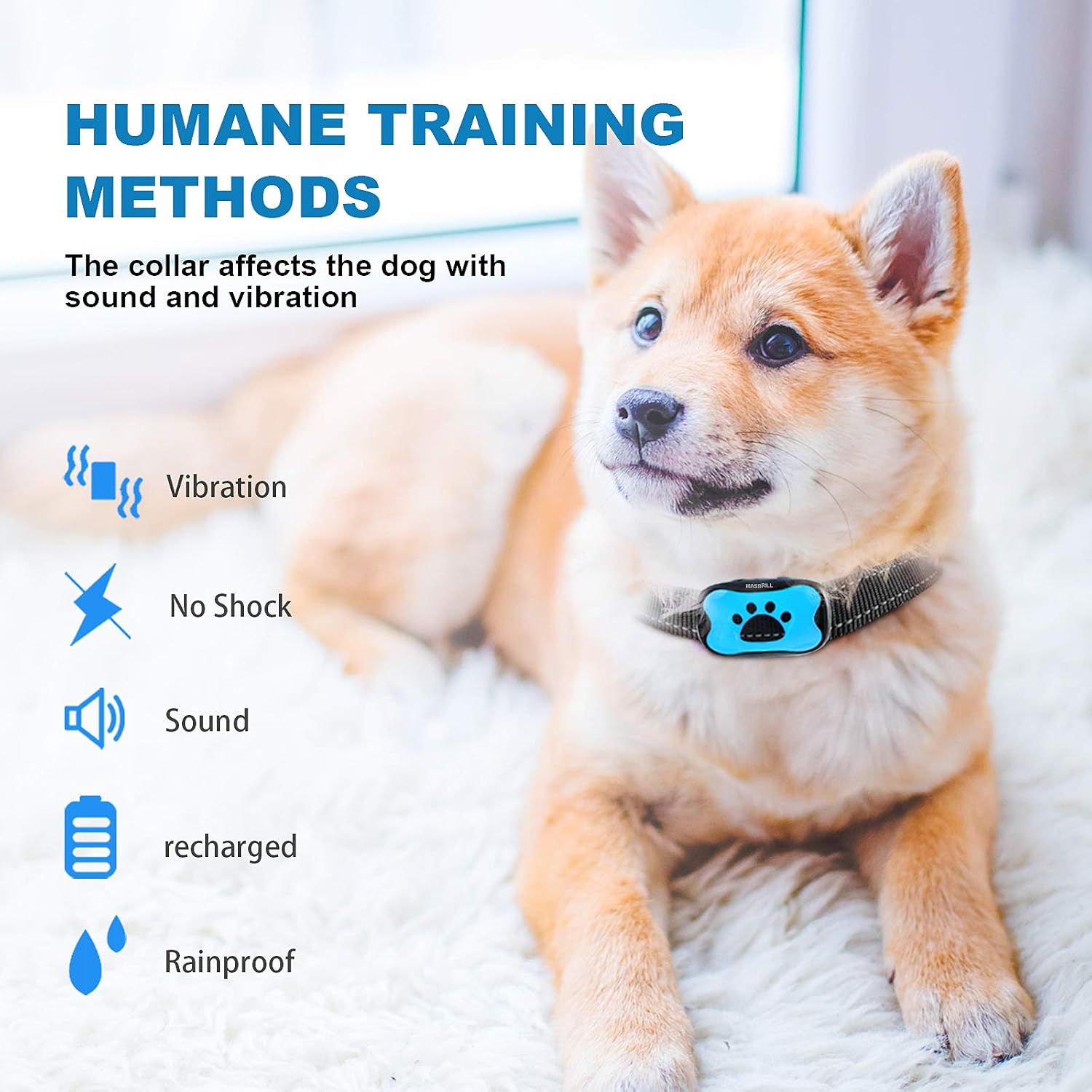 MASBRILL Anti Bark Collars for Dogs, Rechargeable Bark Collar for Small Medium Large Dogs, Dog Barking Collar with Vibrating Beep Training, Stop Dog Barking Deterrent Device 7 Sensitivity Levels(Blue)