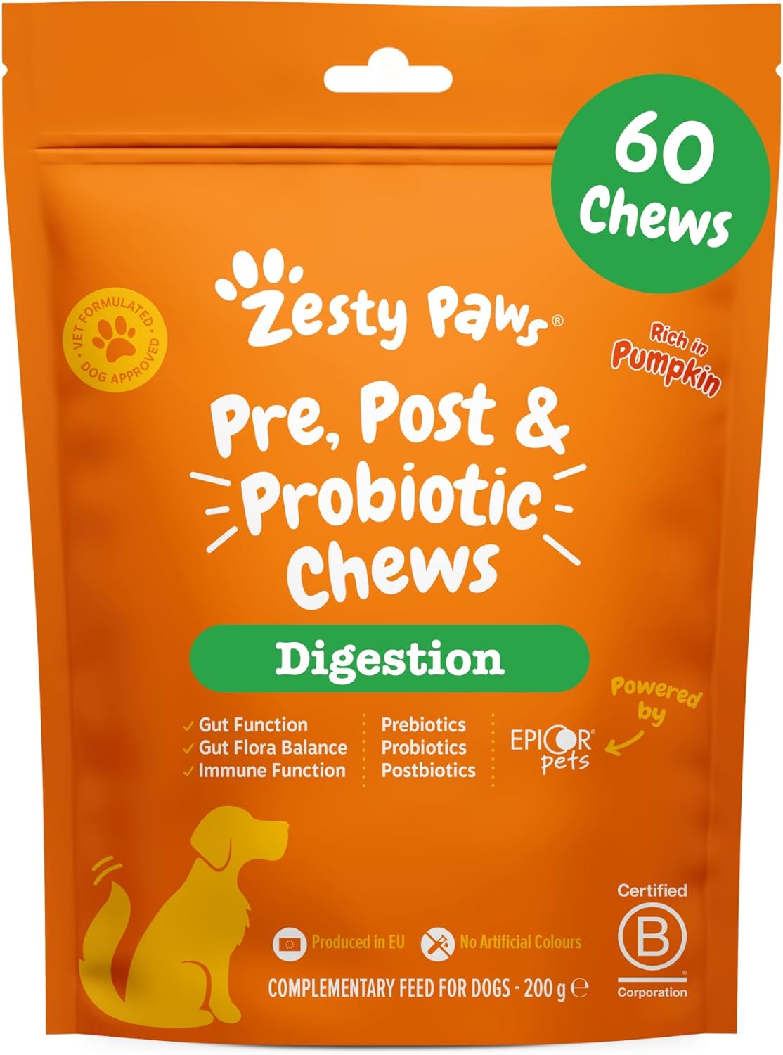 Zesty Paws Probiotic Chews for Dogs | Supports Gut Health, Stool Quality & Digestive Balance, Bad Breath | Contains Prebiotics, Probiotics & Postbiotics, Pumpkin & Linseed | Daily Use | 60 Chews