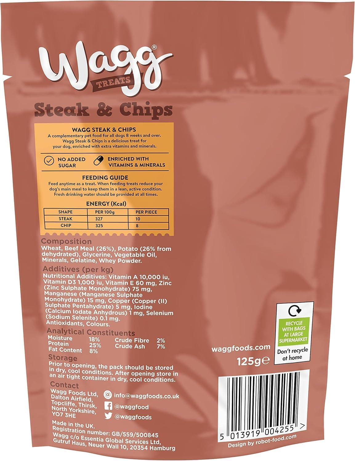 Wagg Steak & Chips Tasty Bites Beef & Potato Dog Treats 125g (Pack of 7) - Oven Baked