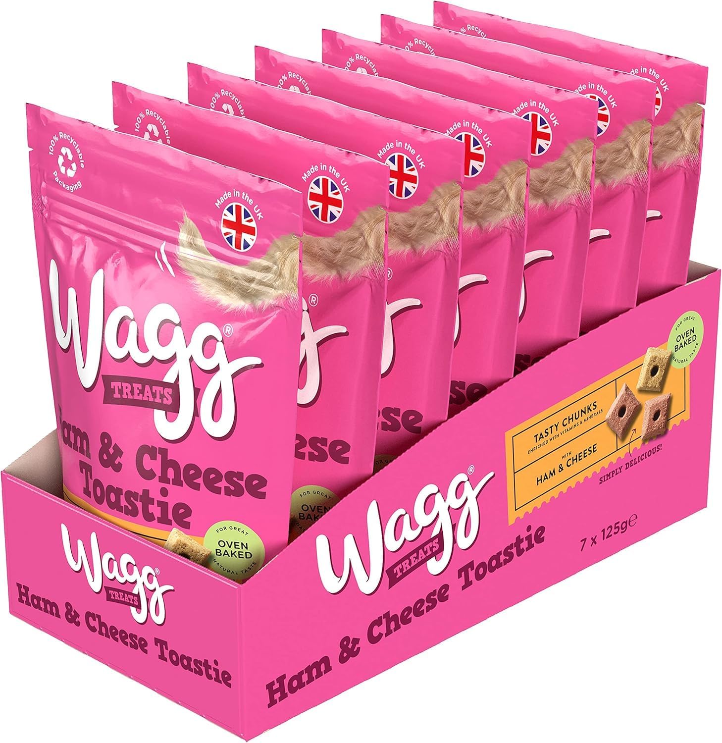 Wagg Ham & Cheese Toastie Tasty Chunks Ham & Cheese Dog Treats 125g (Pack of 7) - Oven Baked