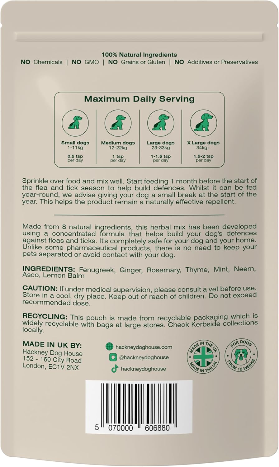 Natural Flea & Tick for Dogs | Effective Powdered Flea Repellent | Food Supplement | 200 grams | 80 Daily Servings | Hackney Dog House