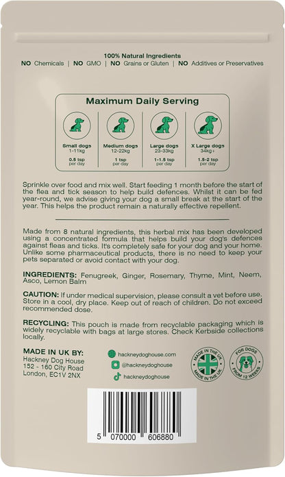 Natural Flea & Tick for Dogs | Effective Powdered Flea Repellent | Food Supplement | 200 grams | 80 Daily Servings | Hackney Dog House