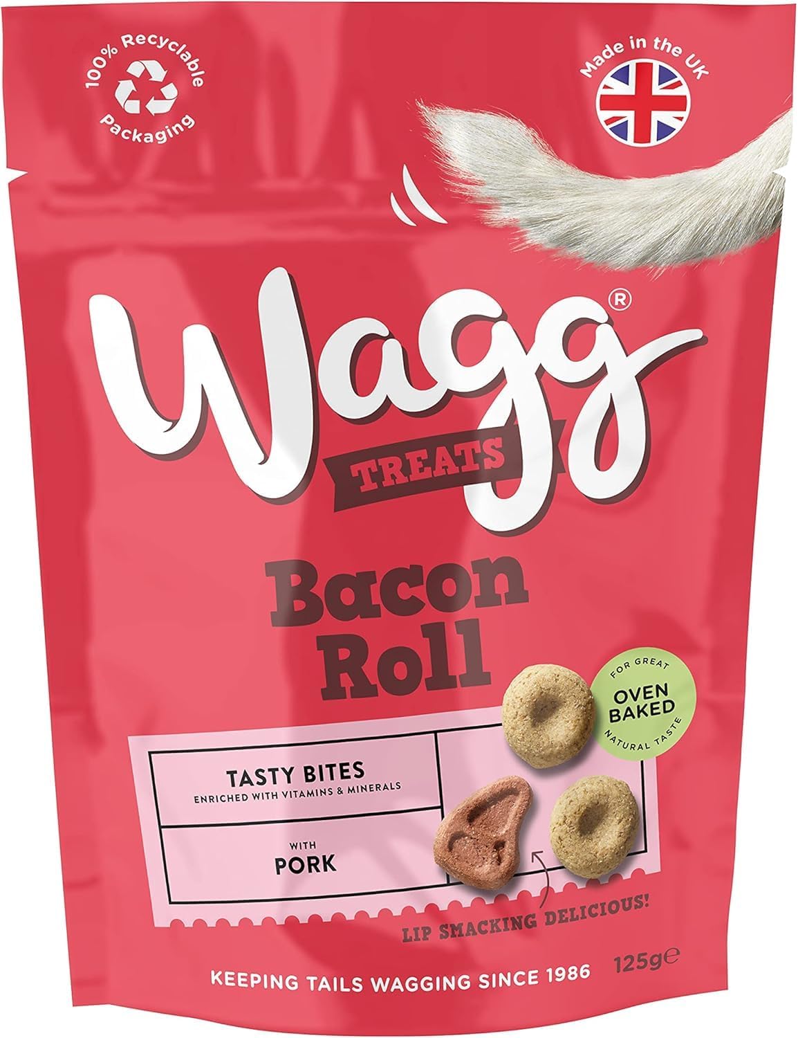 Wagg Bacon Roll Tasty Bites Pork Dog Treats 125g (Pack of 7) - Oven Baked