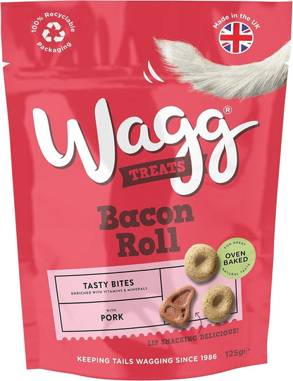 Wagg Bacon Roll Tasty Bites Pork Dog Treats 125g (Pack of 7) - Oven Baked