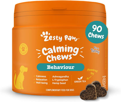 Zesty Paws Calming Treats for Dogs | Helps with Separation Anxiety, Stress & Hyperactivity, Supports Wellbeing & Relaxation | Contains Green Tea, Ashwagandha, L-Tryptophan | Daily Use | 90 Chews