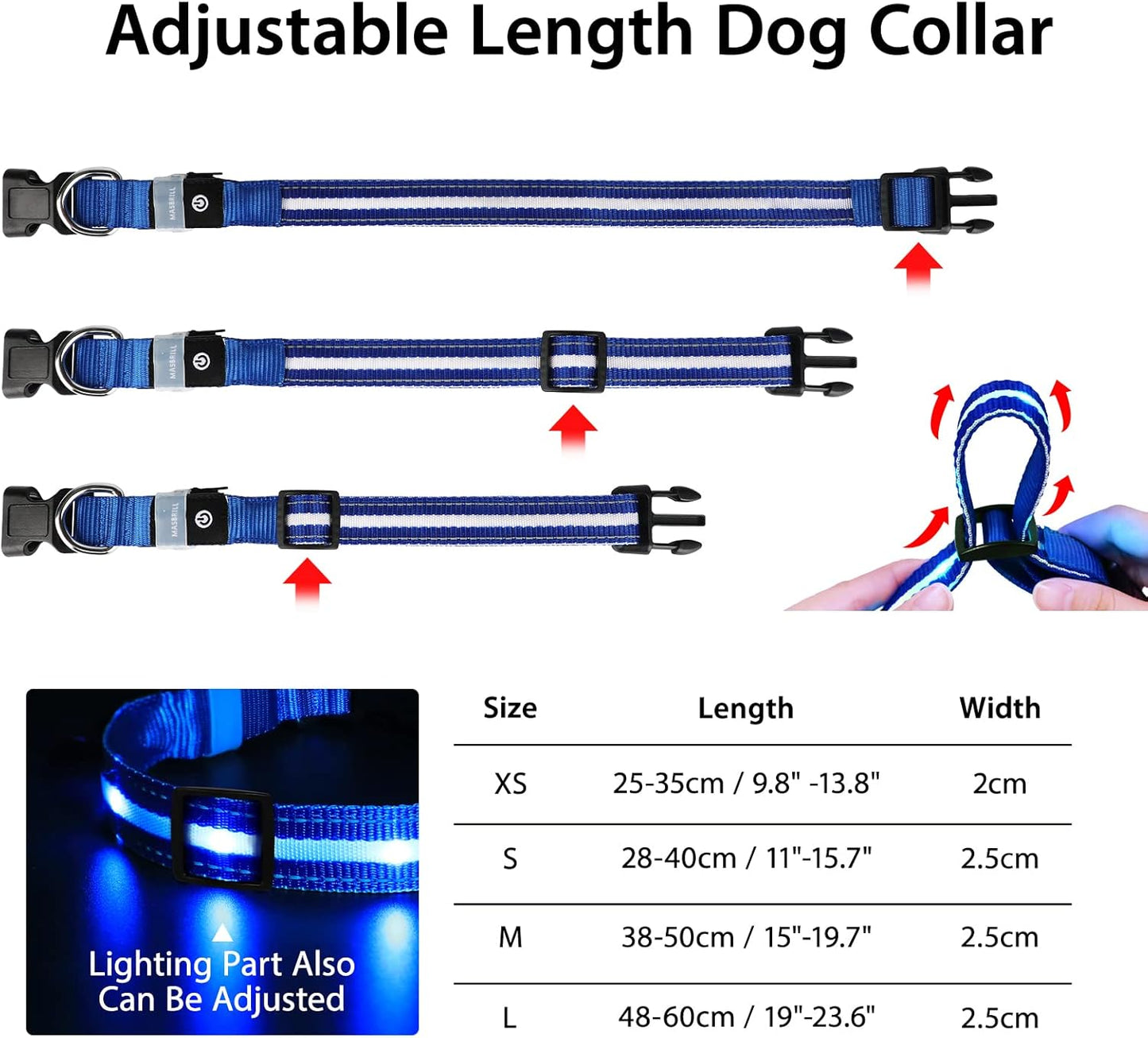 MASBRILL Luminous Dog Collar, LED Rechargeable and Waterproof Dog Collar, 3 Glowing Modes and Adjustable Size Suitable for Small Large Dogs (Blue, M)