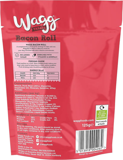 Wagg Bacon Roll Tasty Bites Pork Dog Treats 125g (Pack of 7) - Oven Baked