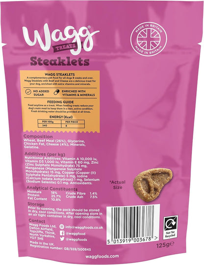 Wagg Steaklets Steak Bites Beef & Cheese Dog Treats 125g (Pack of 7) - Oven Baked