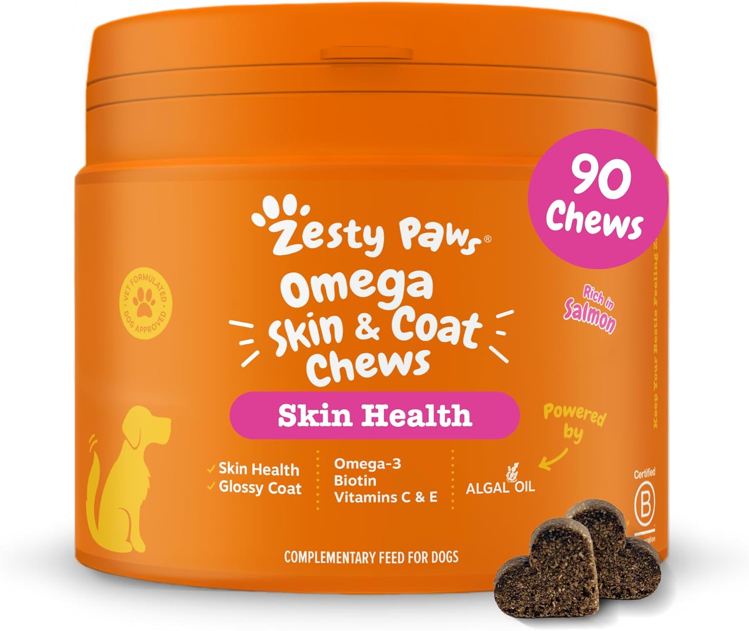 Zesty Paws Omega Skin & Coat Chews for Dogs | Helps Skin, Joint & Heart Health, Healthy & Shiny Coat, Anti-Itch | With Salmon, Omega-3, Biotin, Vitamin C & E, Zinc, Algal Oil | Daily Use | 90 Chews