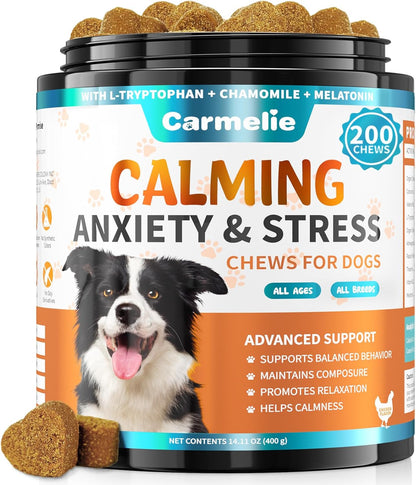 Carmelie Calming Treats for Dogs - 200 Count Calming Dog Treats -Alternative Calming Chews for Dog Reduce Stress, Fear, Separation Anxiety - Natural Valerian Root, L-Tryptophan - Chicken Flavor