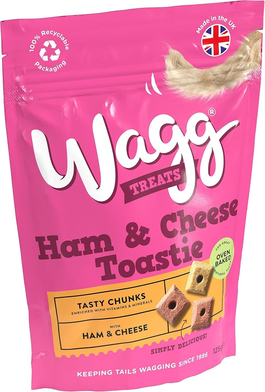 Wagg Ham & Cheese Toastie Tasty Chunks Ham & Cheese Dog Treats 125g (Pack of 7) - Oven Baked
