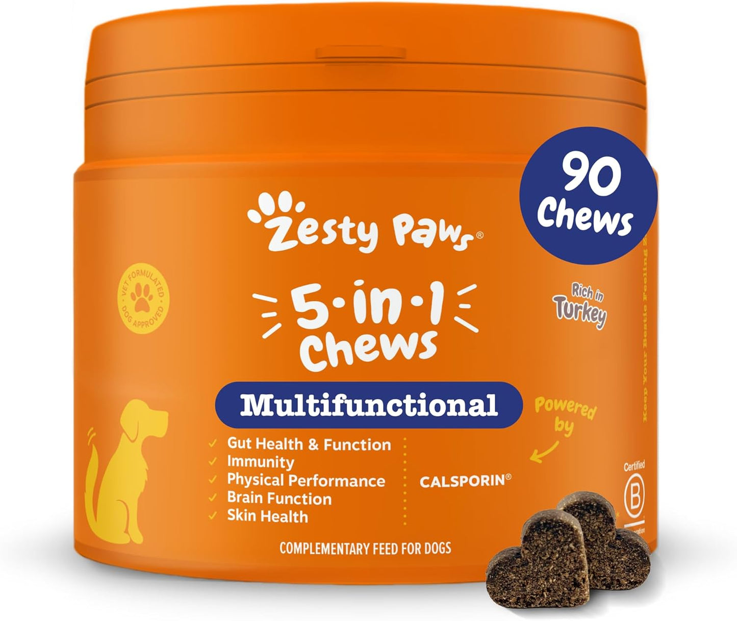 Zesty Paws 5in1 Multivitamins for Dogs | Supports Skin & Gut Health, Brain Function, Immune System, Physical Performance | With Vitamin A, B & C, Folic Acid, Biotin, L-Carnitine | Daily Use | 90 Chews