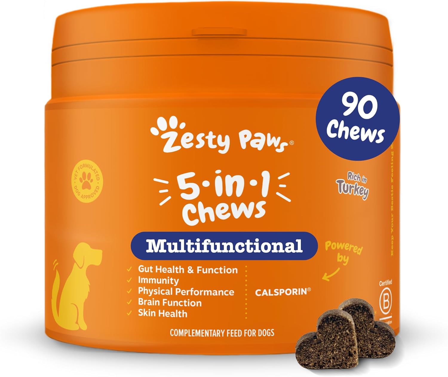 Zesty Paws 5in1 Multivitamins for Dogs | Supports Skin & Gut Health, Brain Function, Immune System, Physical Performance | With Vitamin A, B & C, Folic Acid, Biotin, L-Carnitine | Daily Use | 90 Chews
