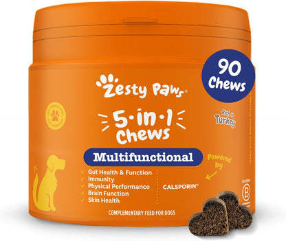 Zesty Paws 5in1 Multivitamins for Dogs | Supports Skin & Gut Health, Brain Function, Immune System, Physical Performance | With Vitamin A, B & C, Folic Acid, Biotin, L-Carnitine | Daily Use | 90 Chews
