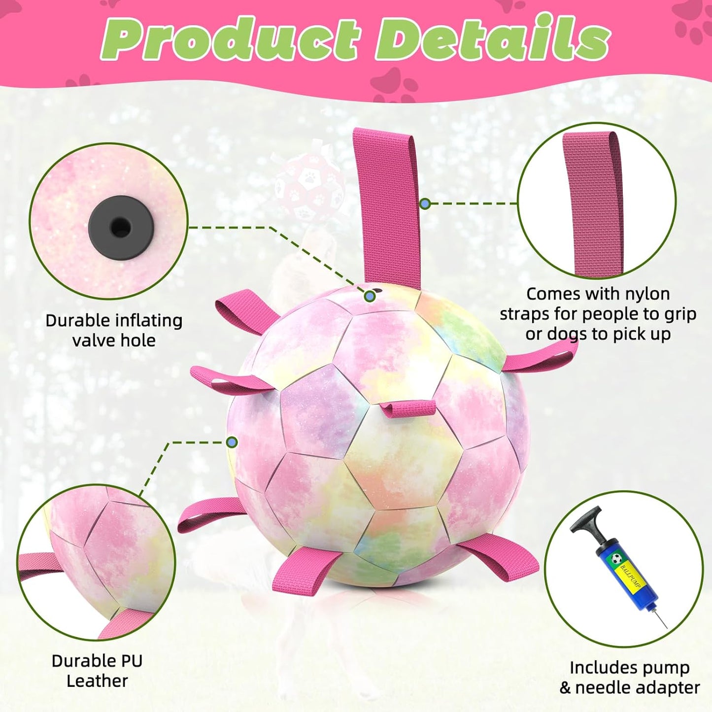 HETOO Dog Soccer Ball with Straps, Puppy Balls for Small Medium, Puppy Birthday Gifts, Dog Water Toy - Rainbow (6 Inch)