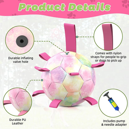 HETOO Dog Soccer Ball with Straps, Puppy Balls for Small Medium, Puppy Birthday Gifts, Dog Water Toy - Rainbow (6 Inch)