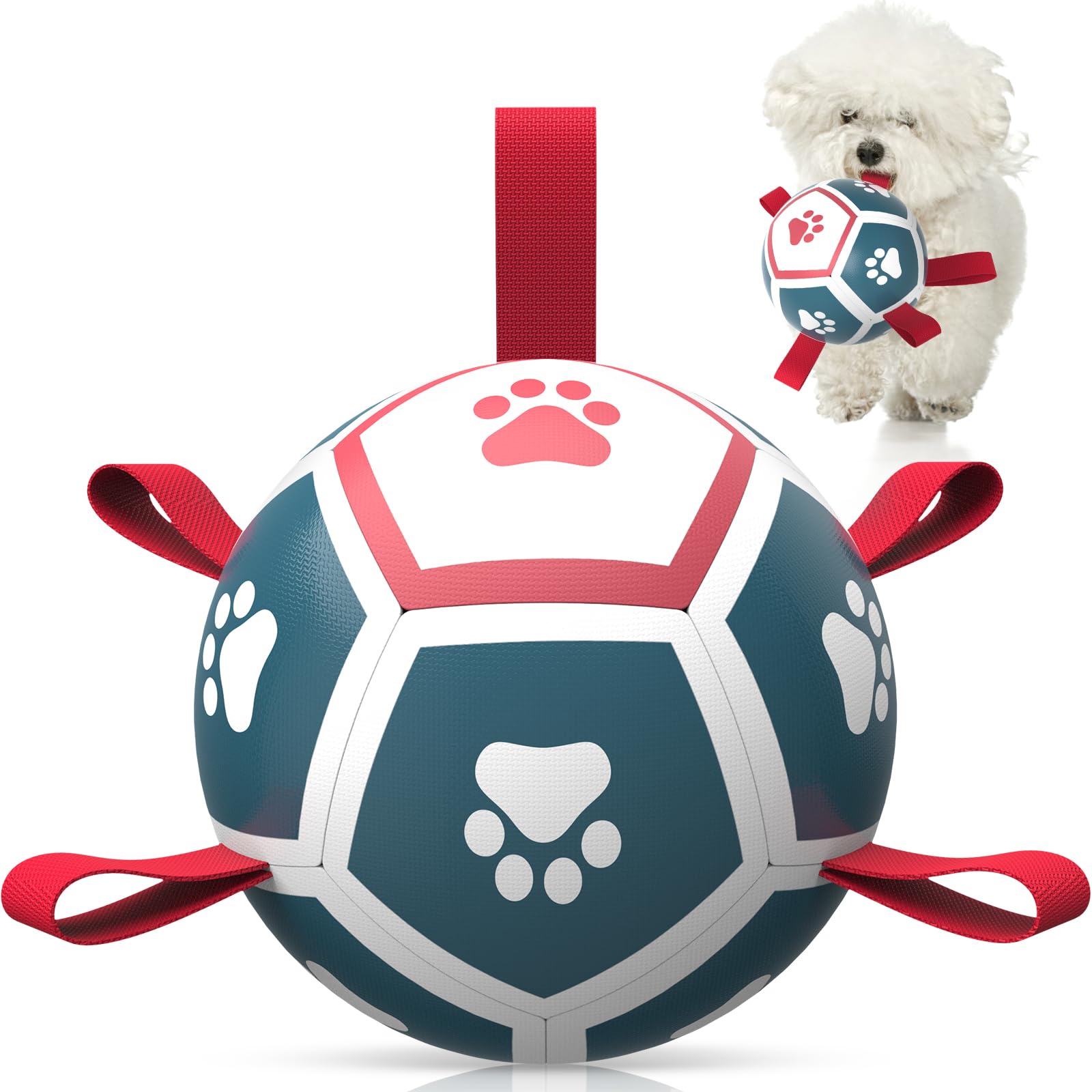 HETOO Dog Soccer Ball, Interactive Dog Toys for Tug of War, Water Toy, Durable Balls for Small & Medium Blue Red (6 inch)