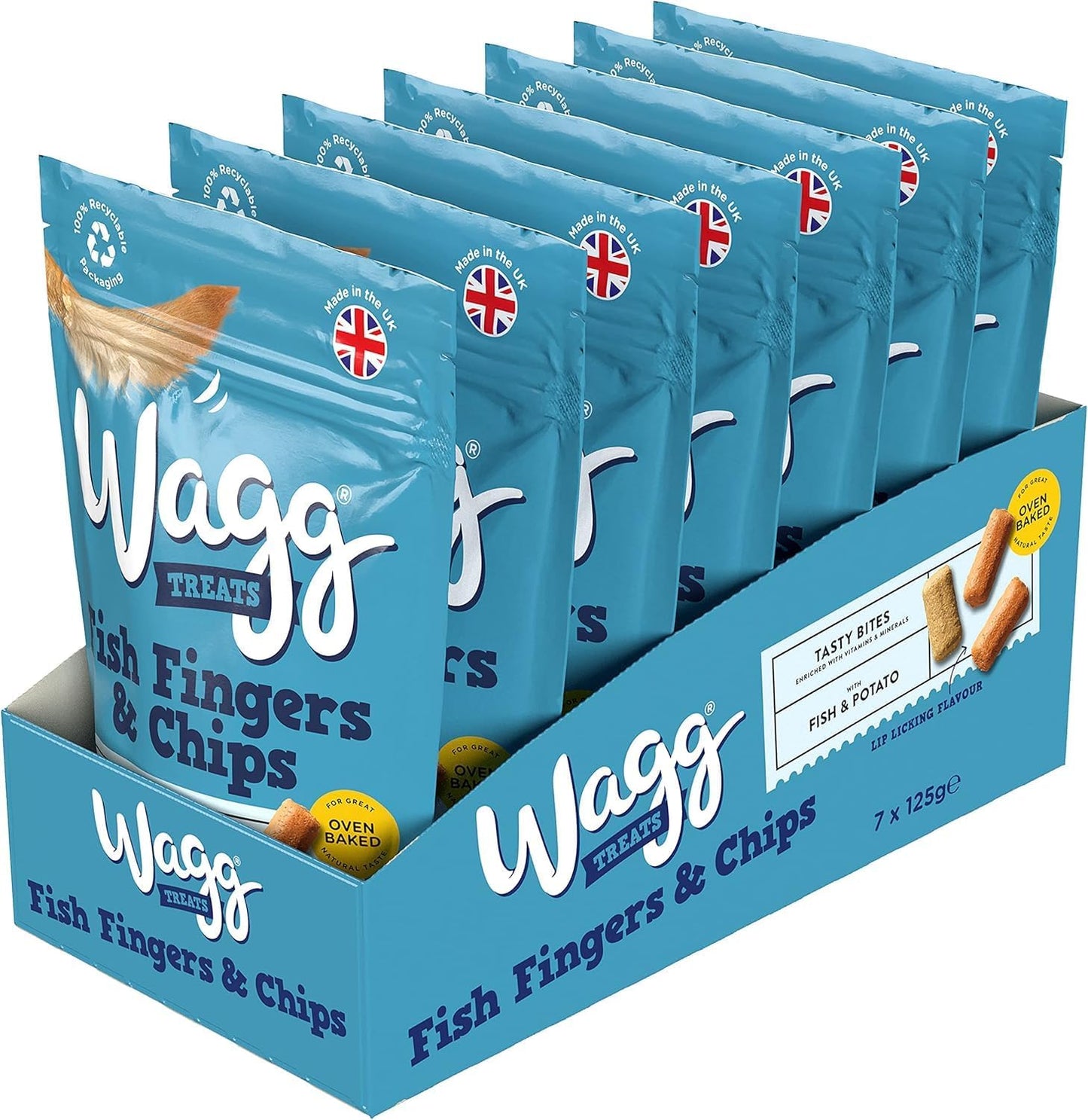 Wagg Fish Finger & Chips Tasty Bites Fish & Potato Dog Treats 125g (Pack of 7) - Oven Baked