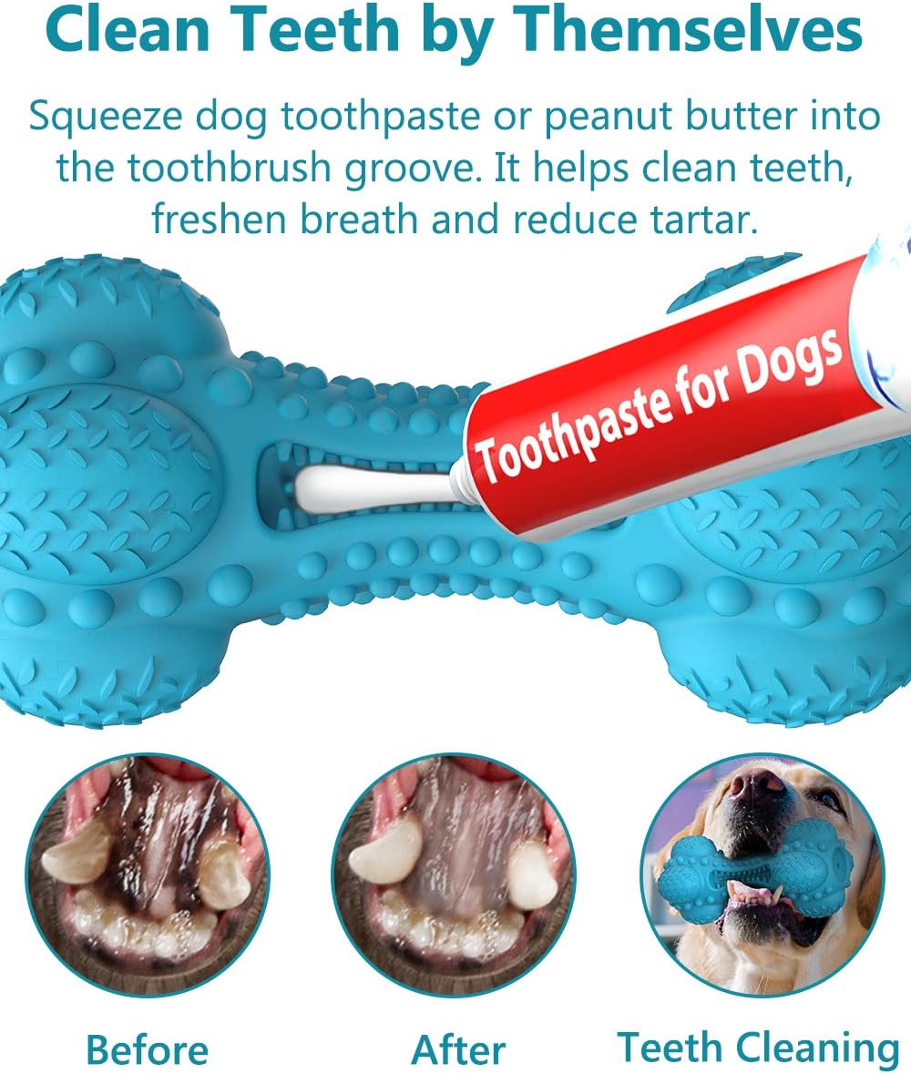 SCHITEC Dog Chew Toy, Indestructible Tough Squeaky Pet Chew Toy for Aggressive Chewers, Durable Natural Rubber Bone with Toothbrush, Large Medium Breed Teeth Cleaning Care