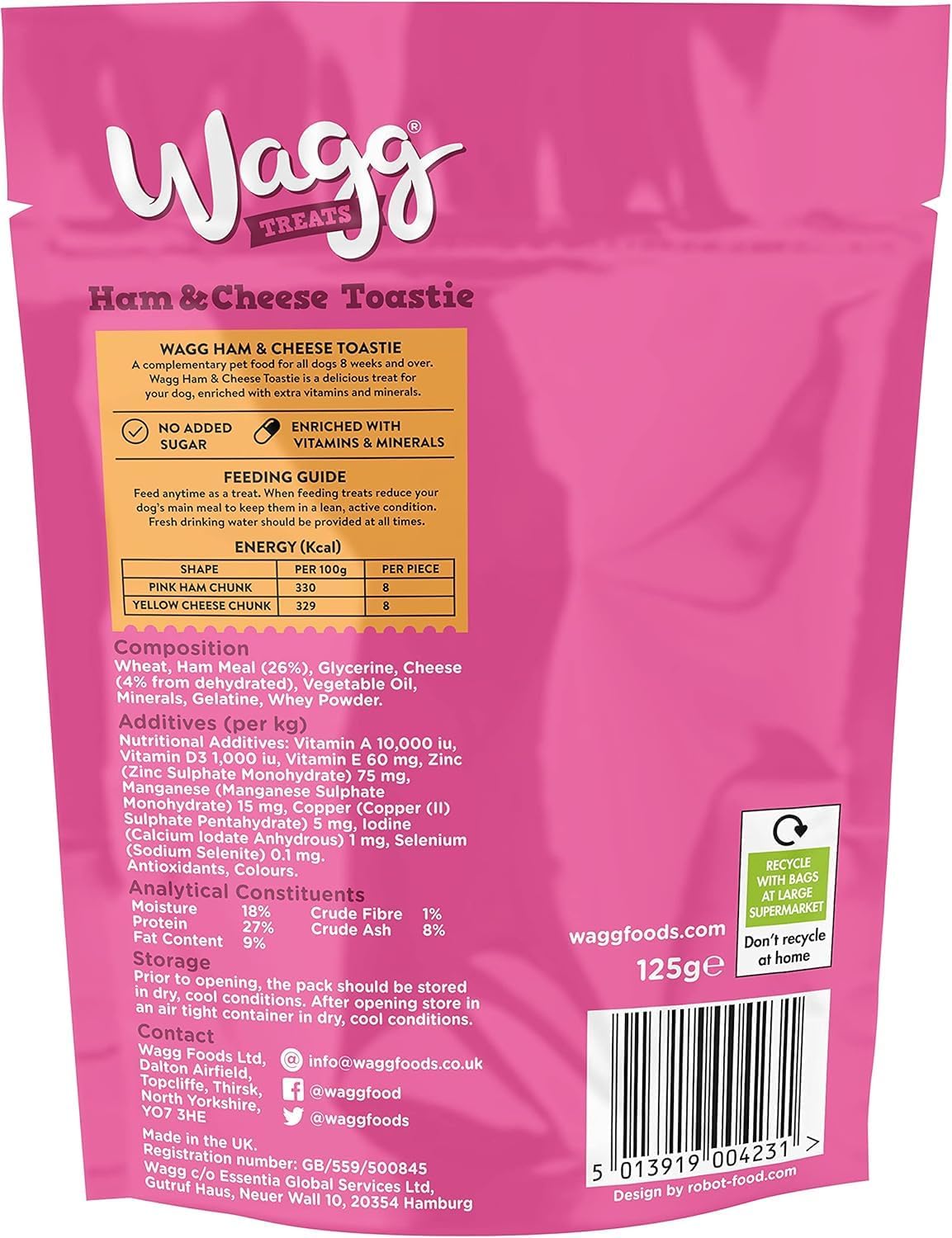 Wagg Ham & Cheese Toastie Tasty Chunks Ham & Cheese Dog Treats 125g (Pack of 7) - Oven Baked