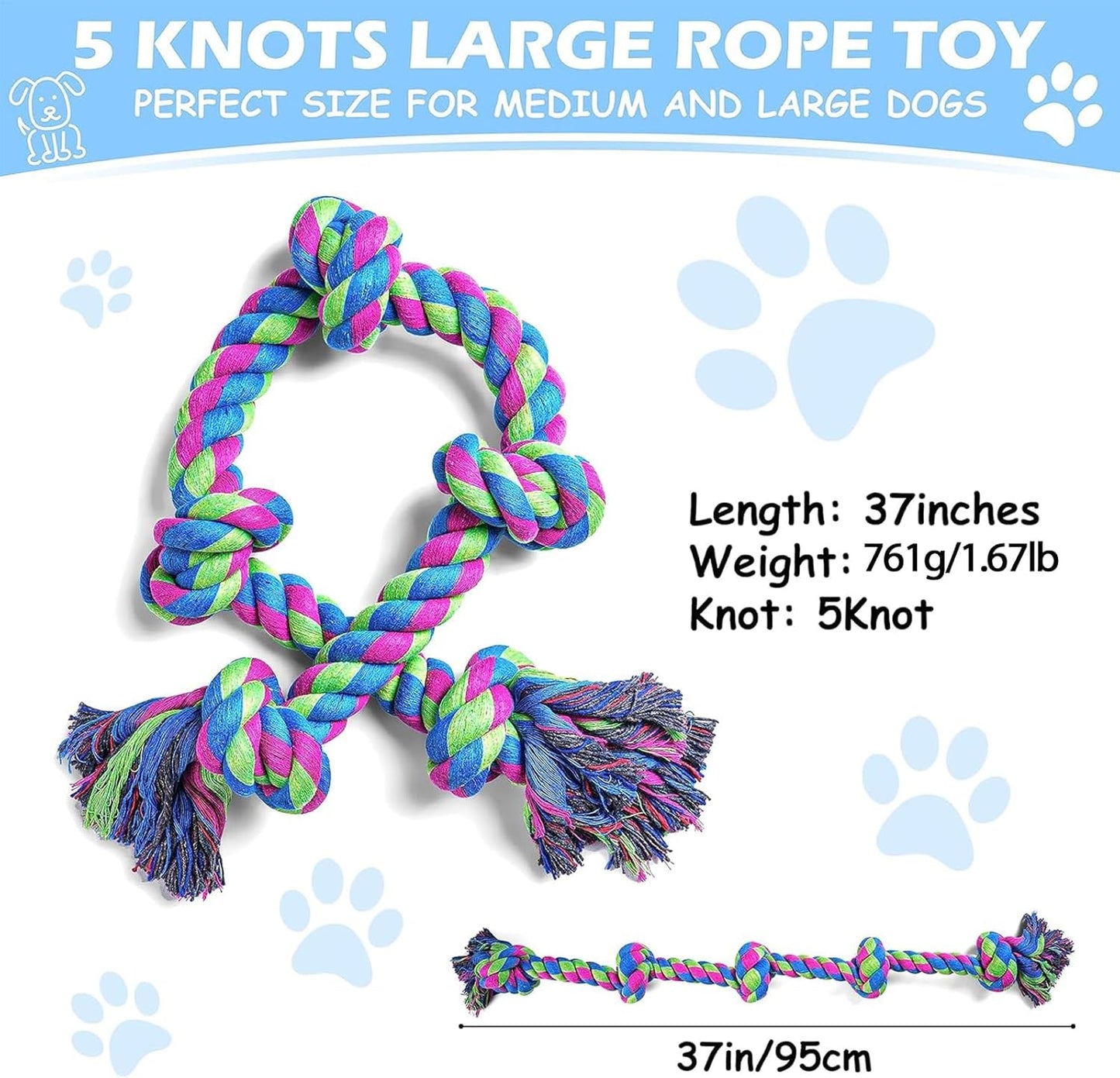 Aitmexcn Dog Rope Toys for Large Medium Breed Chewers – 37 Inch 5 Knots Indestructible Dog Chew Toys, Tough Tug of War Rope for Teeth Cleaning, Interactive Play