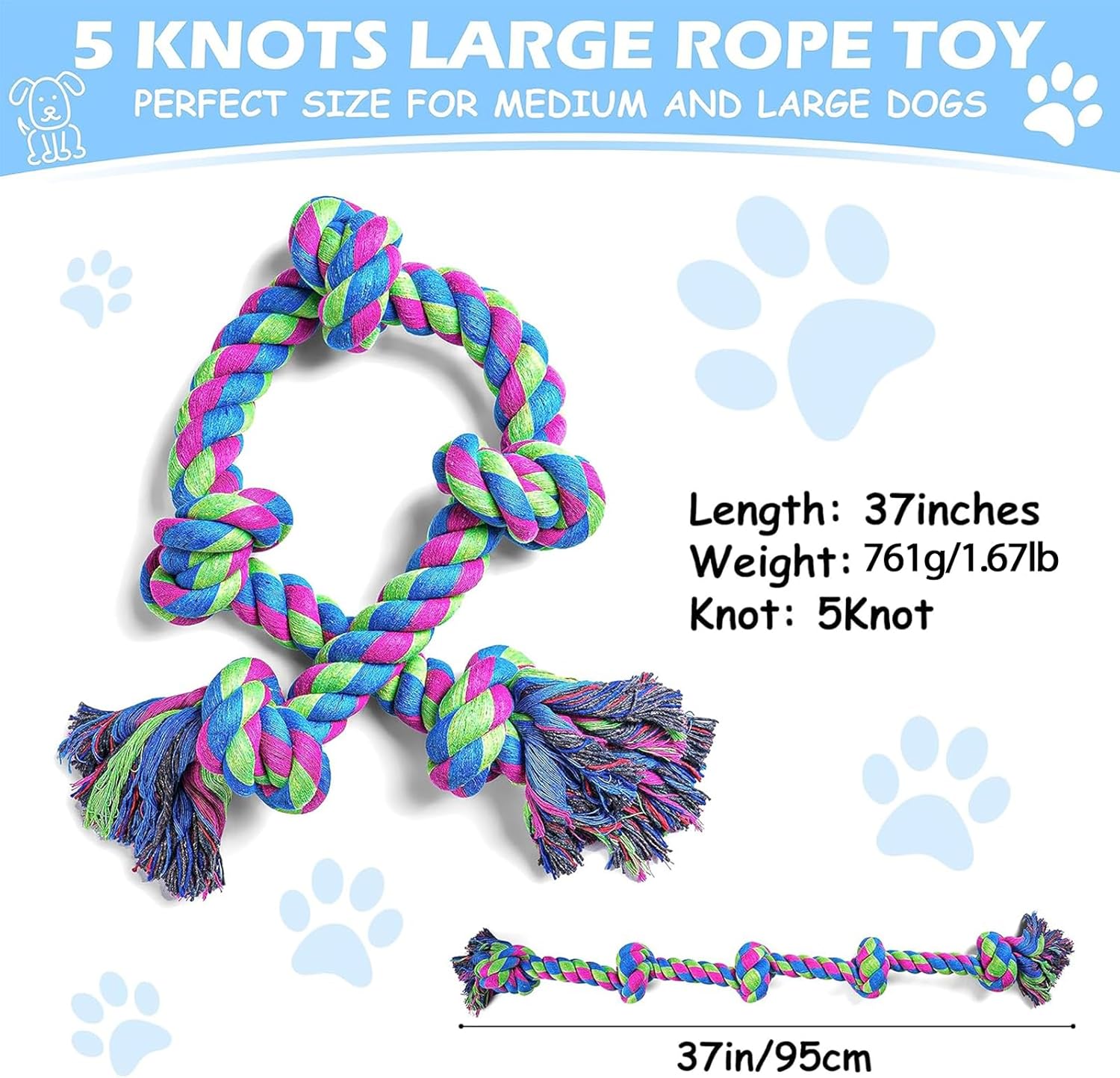 Aitmexcn Dog Rope Toys for Large Medium Breed Chewers – 37 Inch 5 Knots Indestructible Dog Chew Toys, Tough Tug of War Rope for Teeth Cleaning, Interactive Play