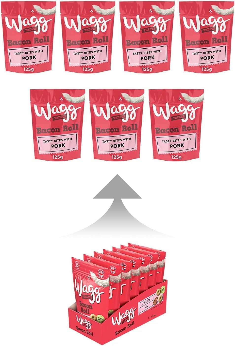 Wagg Bacon Roll Tasty Bites Pork Dog Treats 125g (Pack of 7) - Oven Baked