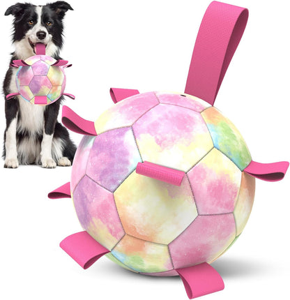 HETOO Dog Soccer Ball with Straps, Puppy Balls for Small Medium, Puppy Birthday Gifts, Dog Water Toy - Rainbow (6 Inch)