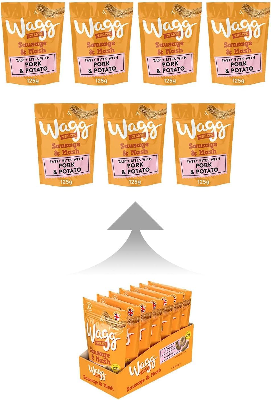 Wagg Sausage & Mash Tasty Bites Pork & Potato Dog Treats 125g (Pack of 7) - Oven Baked