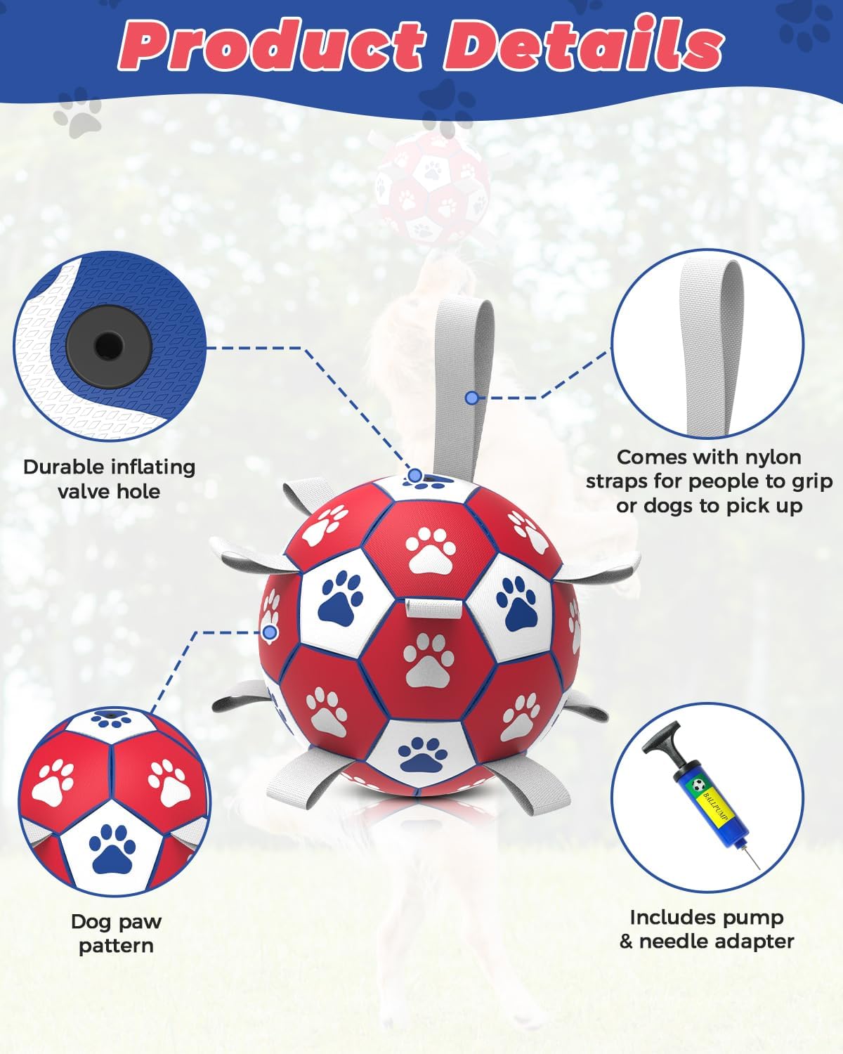 HETOO Dog Soccer Ball, Interactive Dog Toys for Doggies, Durable Dog Balls for Small & Medium Dogs Red White (6 inch)