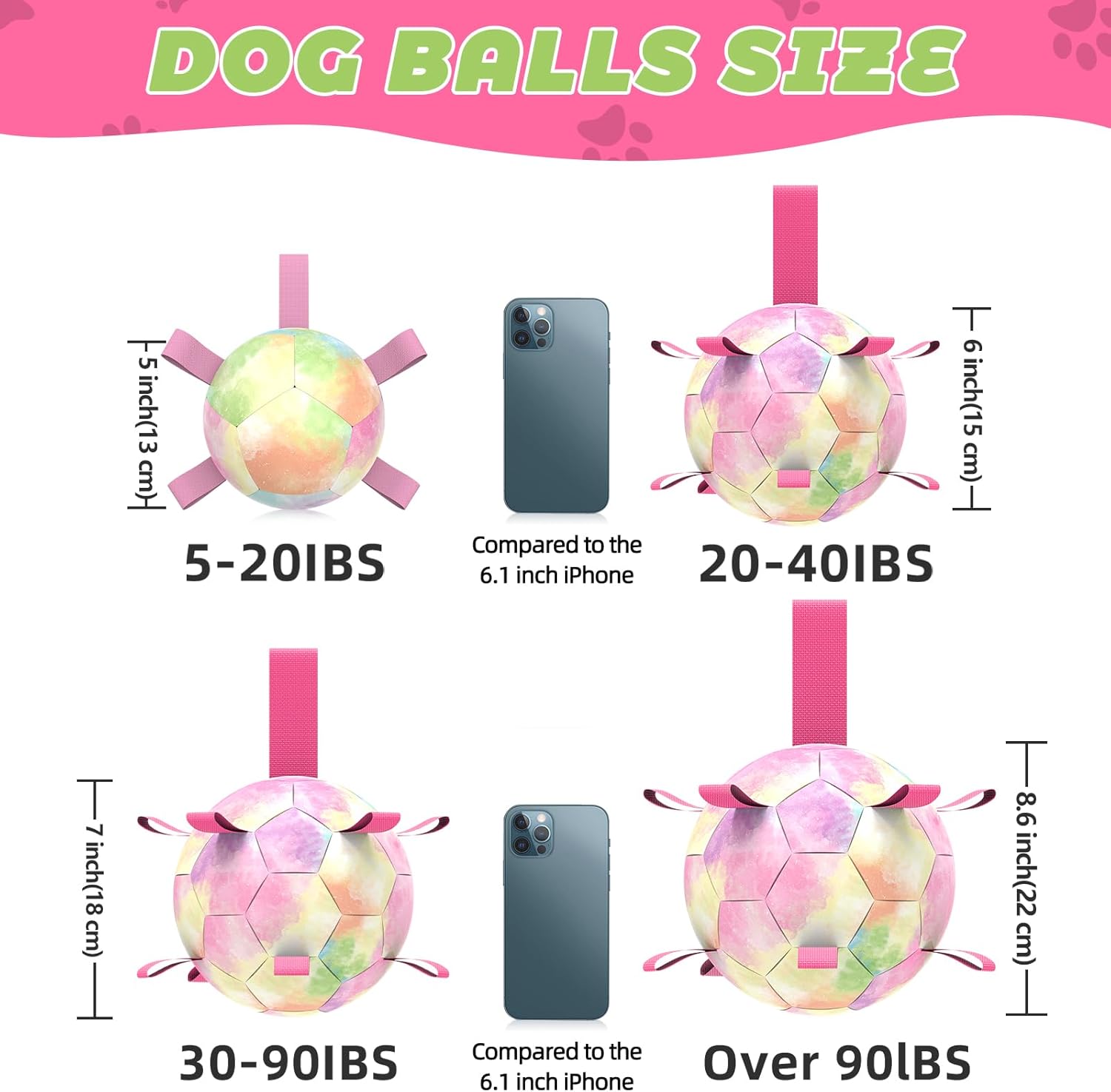 HETOO Dog Soccer Ball with Straps, Puppy Balls for Small Medium, Puppy Birthday Gifts, Dog Water Toy - Rainbow (6 Inch)