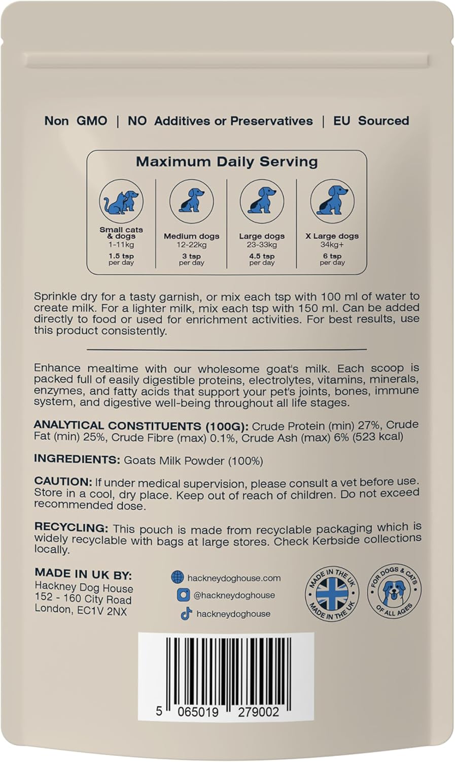 Hackney Dog House Goats Milk Powder for Dogs & Cats | Create Delicious Goats Milk-Drink | For Adult & Puppy | Each Pack Makes 12 Pints