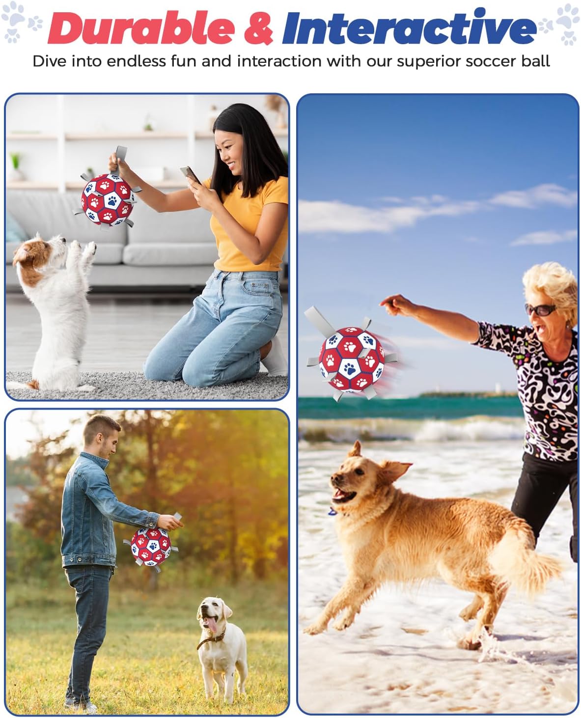 HETOO Dog Soccer Ball, Interactive Dog Toys for Doggies, Durable Dog Balls for Small & Medium Dogs Red White (6 inch)