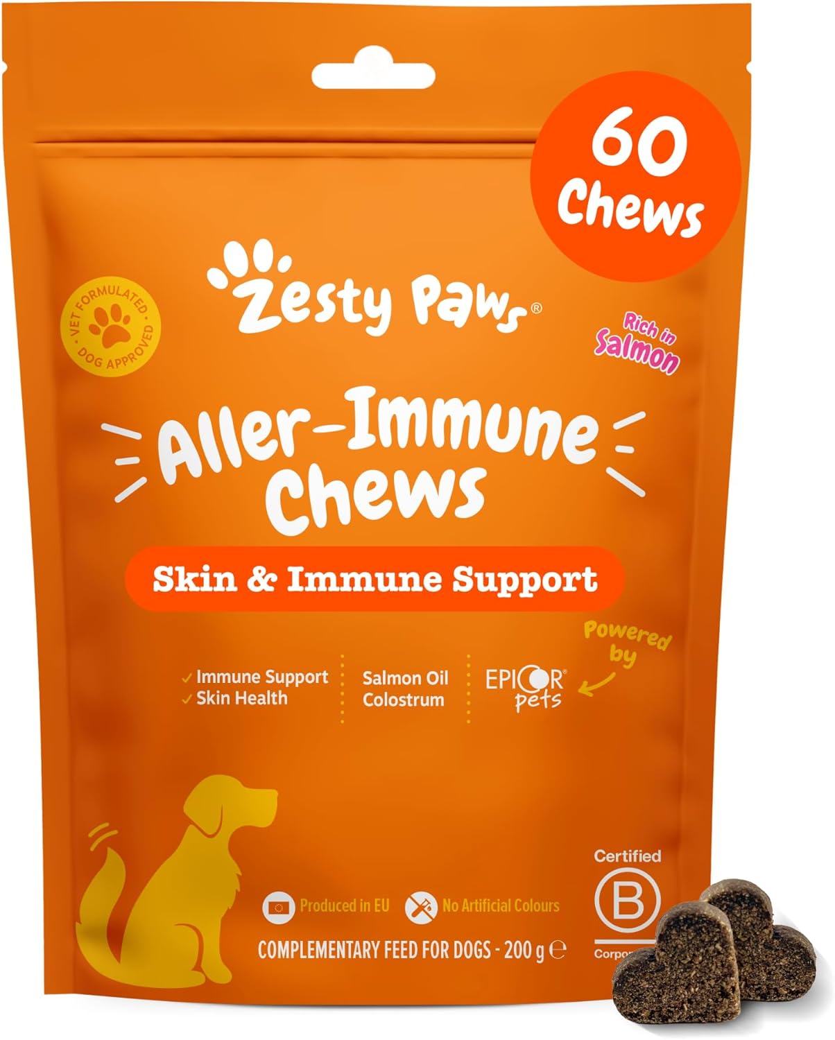 Zesty Paws Aller-Immune Chews for Dogs | Supports Immune Function, Helps Gut, Skin & Coat Health, For Itchy, Dry Skin | Contains Salmon Oil, Prebiotics, Probiotics, Vitamin A | Daily Use | 60 Chews