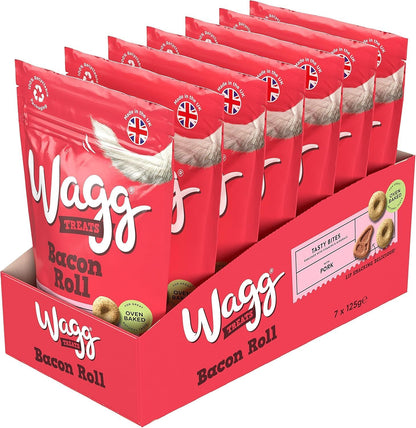 Wagg Bacon Roll Tasty Bites Pork Dog Treats 125g (Pack of 7) - Oven Baked