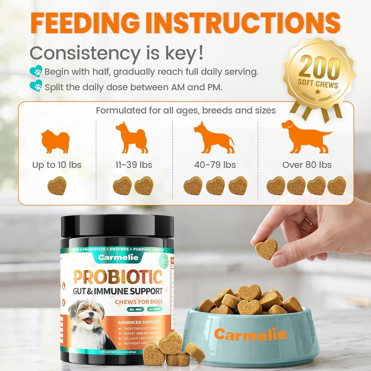 Carmelie Probiotics for Dogs, 200 Soft Chews Digestive Probiotics & Enzymes for Gut Health with Pumpkin, Fibre for Dogs Anti Diarrhea, Upset Stomach, Gas Relief, Itchy Skin & Immune Support (Chicken)