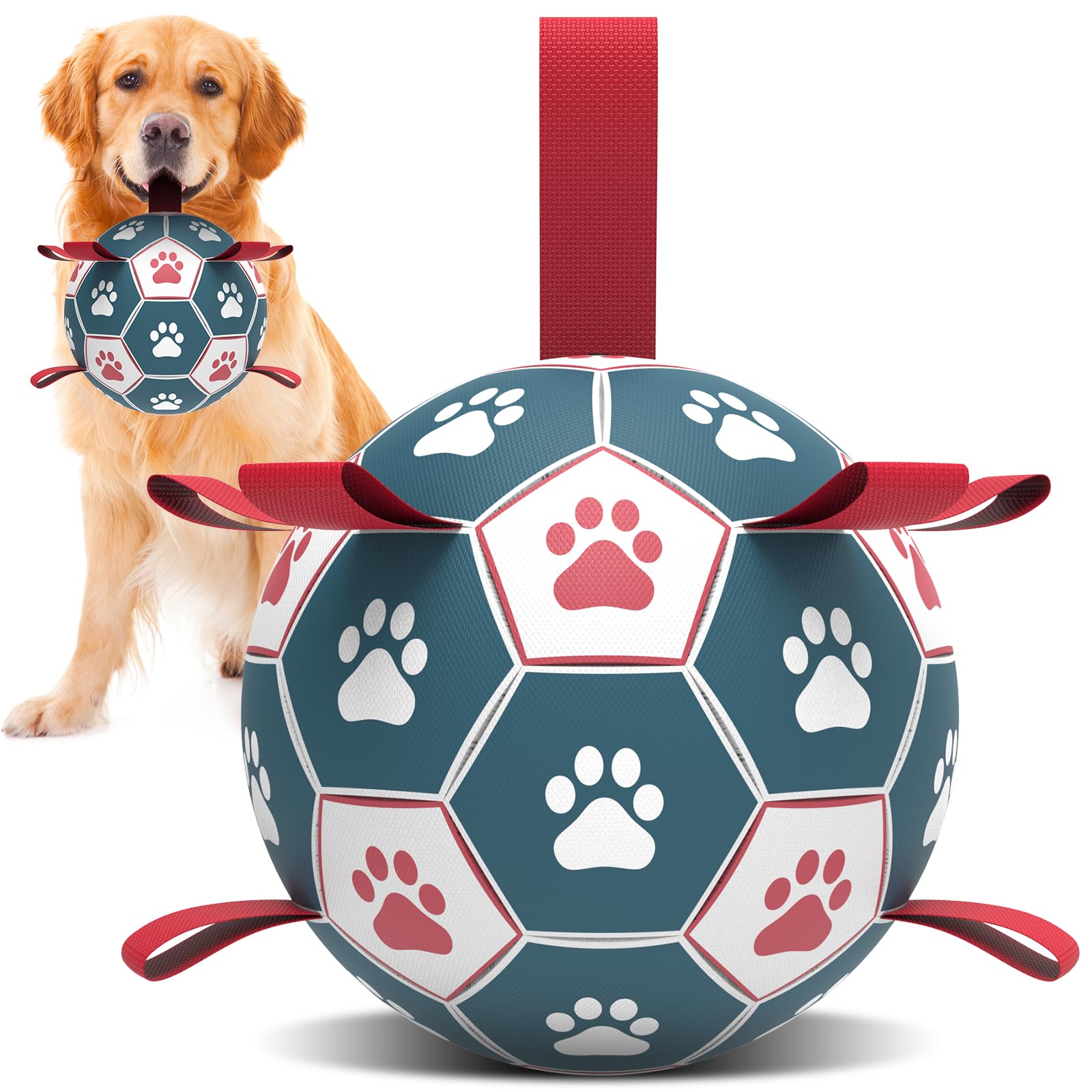 HETOO Dog Soccer Ball, Interactive Dog Toys for Tug of War, Water Toy, Durable Balls for Small & Medium Blue Red (6 inch)