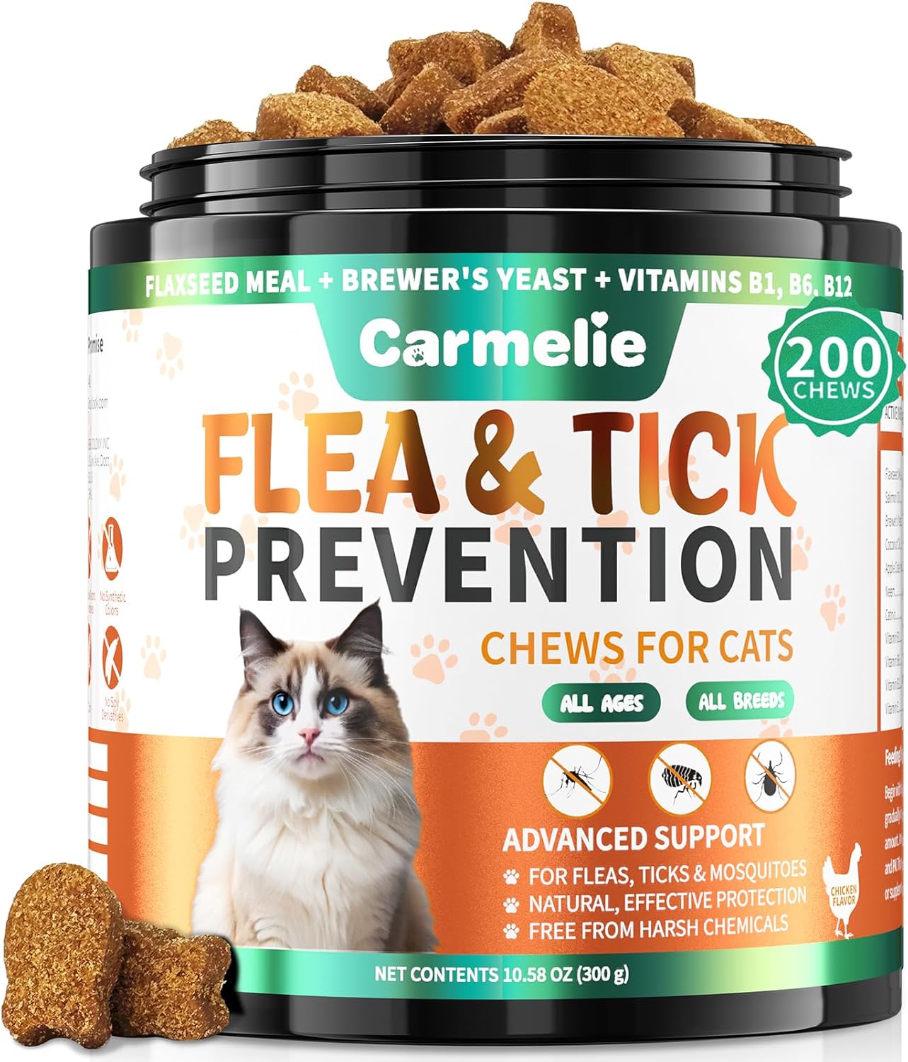 Carmelie Flea and Tick Chews for Cats - 200 Chewables Natural Cats Fleas and Ticks Prevention – Cat Flea Tick Support, Cat Flea Soft Treats for All Breeds & Ages-Chicken Flavor