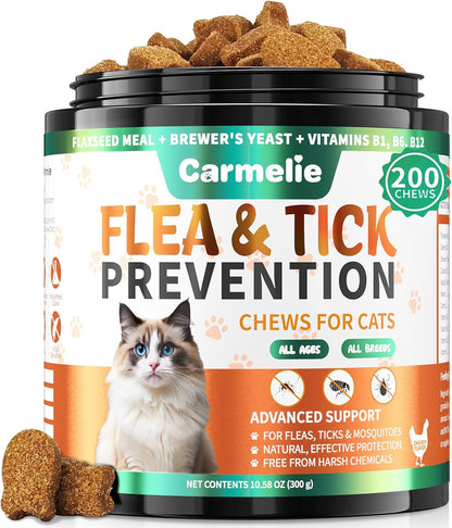 Carmelie Flea and Tick Chews for Cats - 200 Chewables Natural Cats Fleas and Ticks Prevention – Cat Flea Tick Support, Cat Flea Soft Treats for All Breeds & Ages-Chicken Flavor