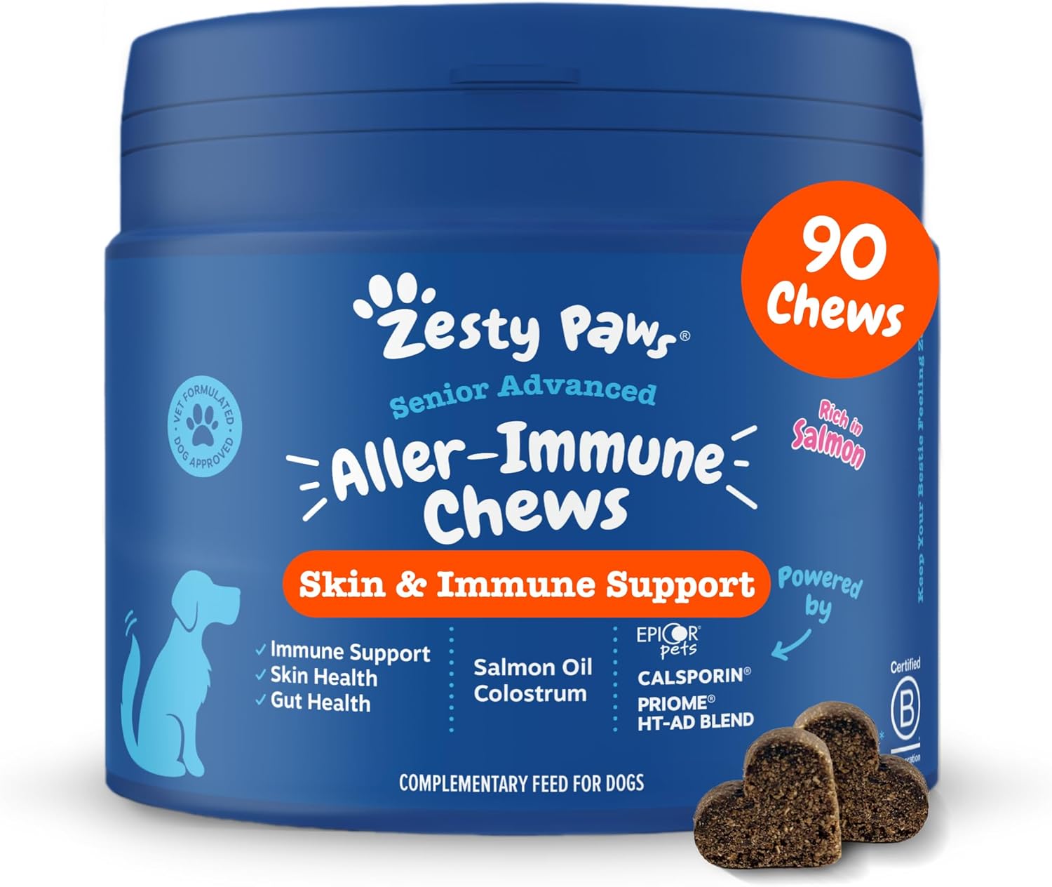 Zesty Paws Senior Aller-Immune Chews for Older Dogs | Supports Immune Function, Gut, Skin & Coat Health, For Itchy, Dry Skin | With Salmon, Probiotics, Postbiotics, Vitamin A | Daily Use | 90 Chews