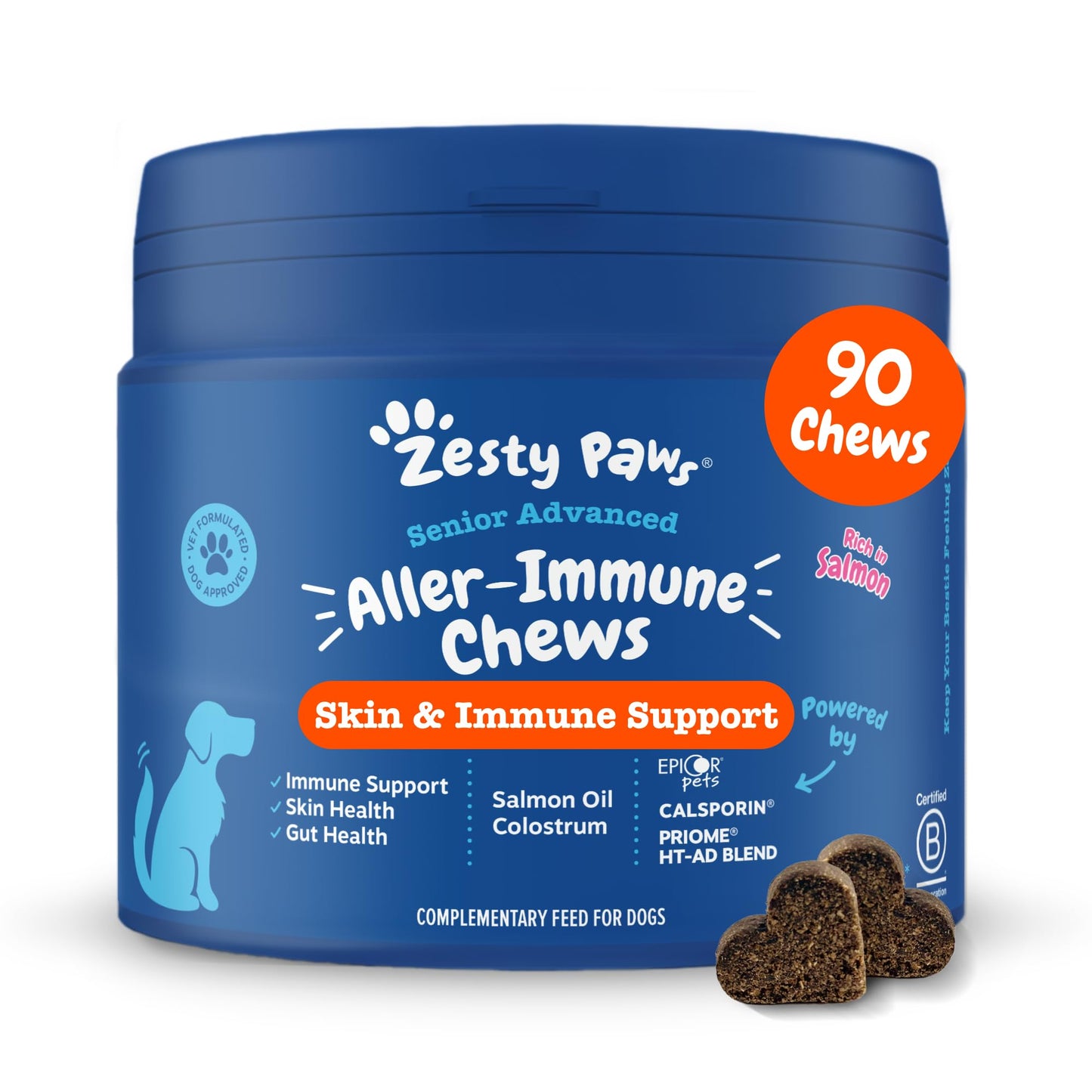 Zesty Paws Aller-Immune Chews for Dogs | Supports Immune Function, Helps Gut, Skin & Coat Health, For Itchy, Dry Skin | Contains Salmon Oil, Prebiotics, Probiotics, Vitamin A | Daily Use | 90 Chews