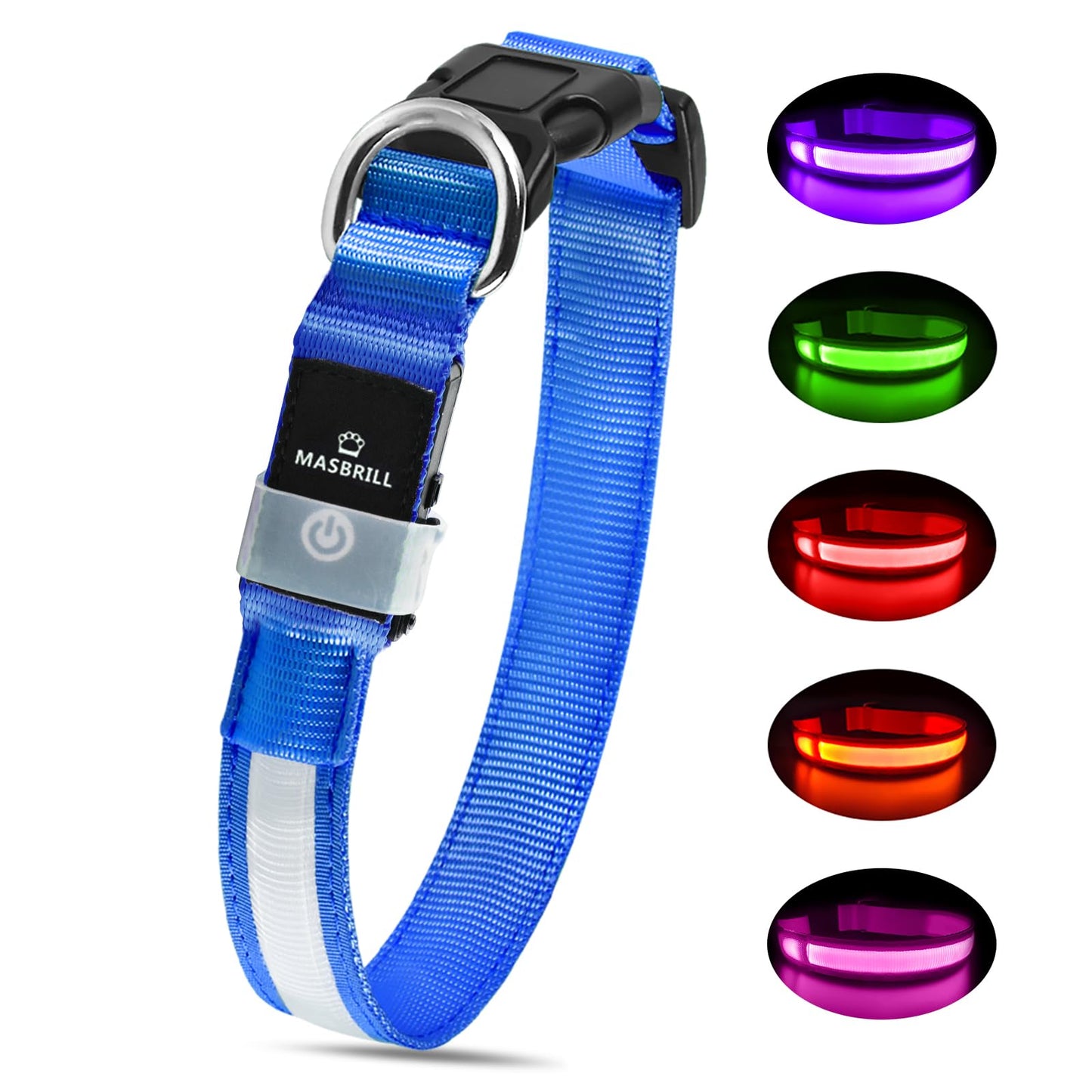 MASBRILL Luminous Dog Collar, LED Rechargeable and Waterproof Dog Collar, 3 Glowing Modes and Adjustable Size Suitable for Small Large Dogs (Blue, M)
