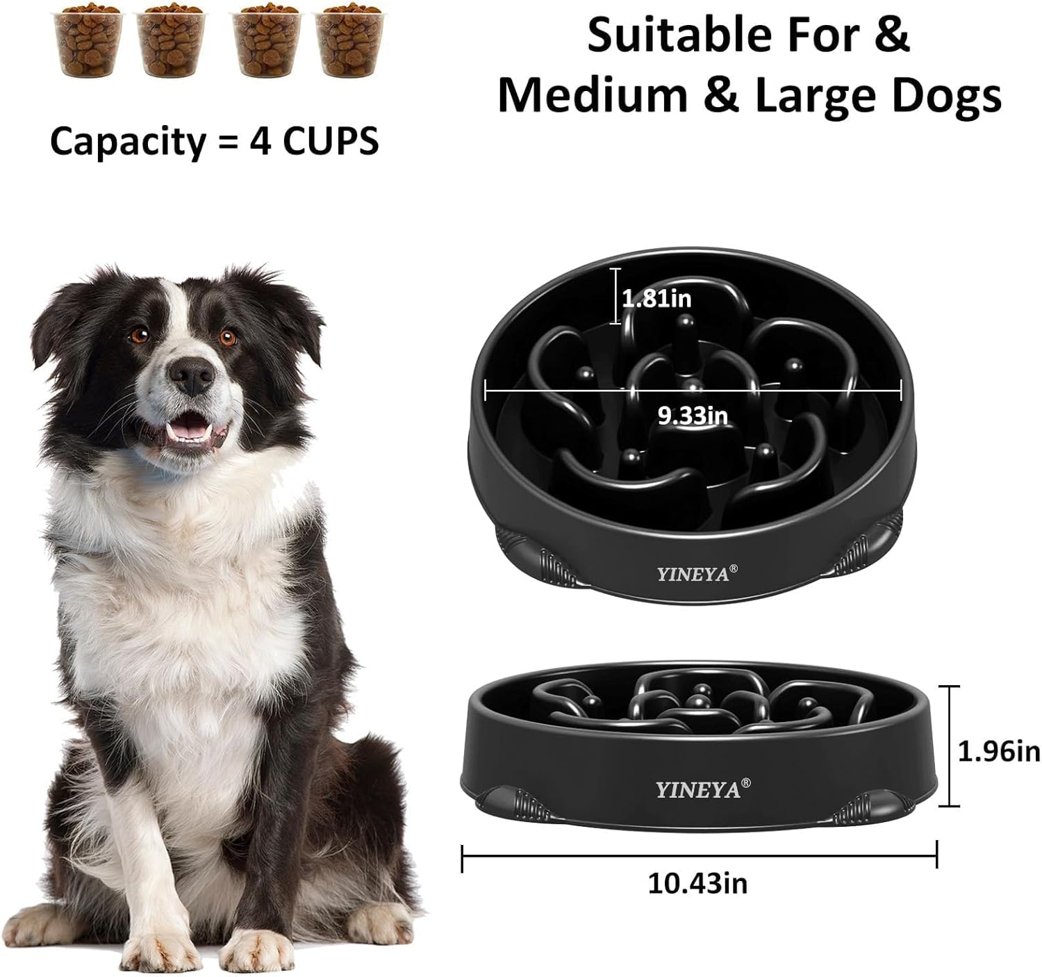 YINEYA 4 Cups Slow Feeder Dog Bowls Large Breed, Anti-Choking Pet Supplies, Maze Dog Food Bowl, Puzzle Feeder That Slow Down Eating