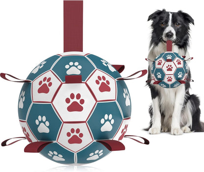 HETOO Dog Soccer Ball, Interactive Dog Toys for Tug of War, Water Toy, Durable Balls for Small & Medium Blue Red (6 inch)