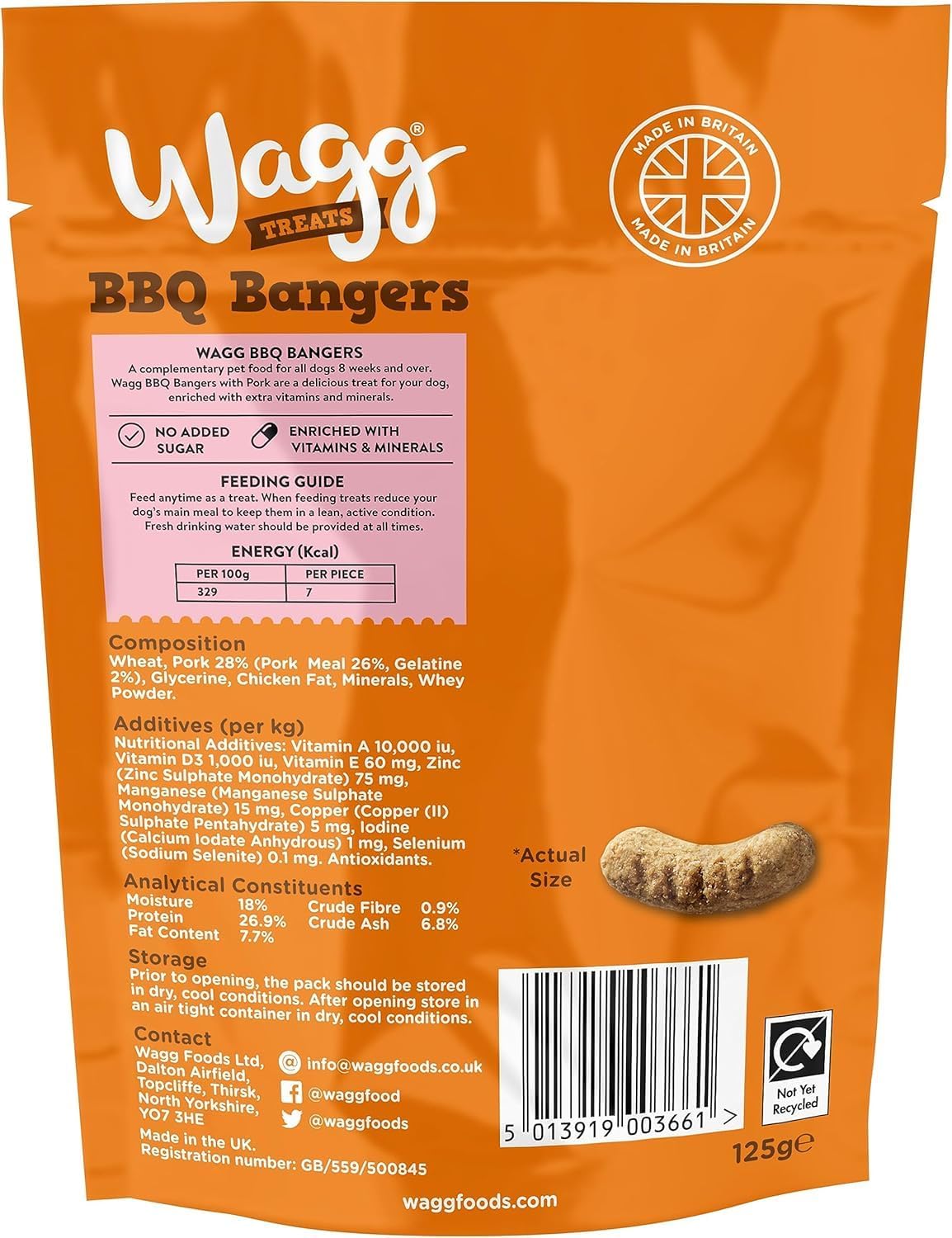 Wagg BBQ Bangers Pork Sausages Dog Treats 125g (Pack of 7) - Oven Baked