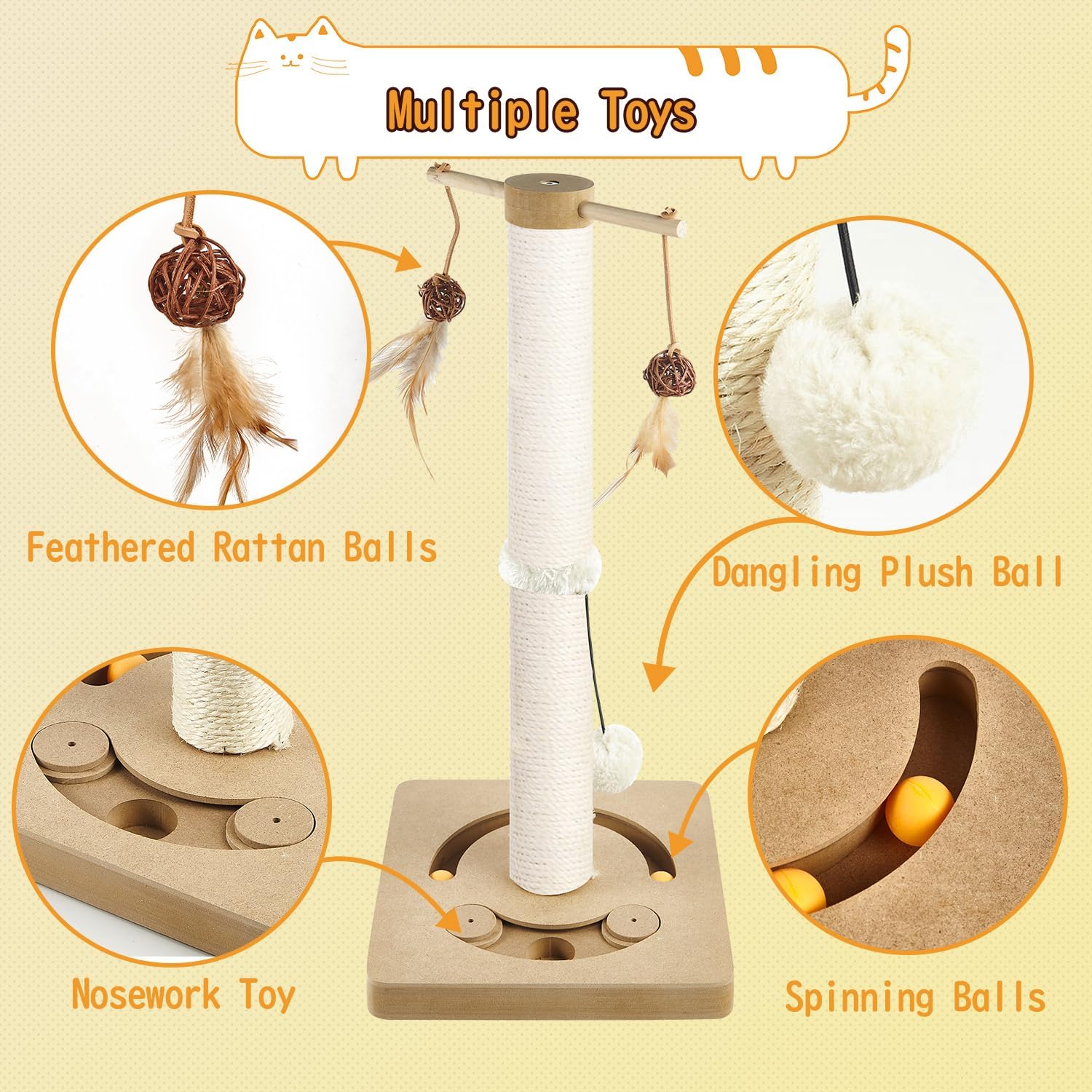 AUSCAT Cat Scratching Post with Multiple Interactive Toys, Vertical Sisal Cat Scratcher for Indoor Cats and Kittens- 63 cm 25 inches Beige