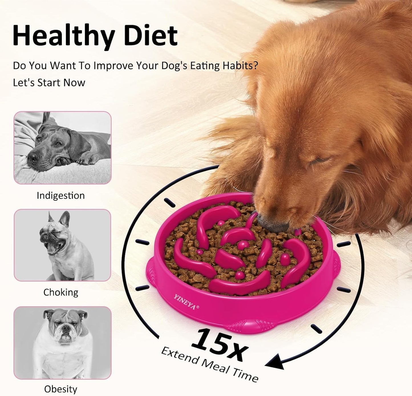 YINEYA Slow Feeder Dog Bowl Anti Gulping Healthy Eating Dog Slow Food Feeding Pet Bowl Slow Eating Healthy Design for Large Size Dogs (Rosered)